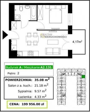 NOWE! 2pok. 35,08m², II piętro, balkon 4,17m², Czyżyny (ok. Łąk Nowohuckich)