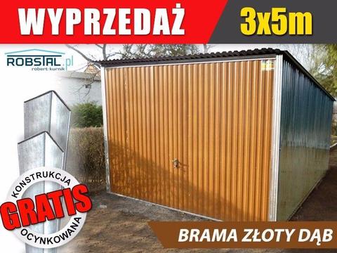 Garaż blaszany 3x5 z bramą uchylną drewnopodobną złoty dąb garaże blaszane ocynkowane MONTAŻ GRATIS