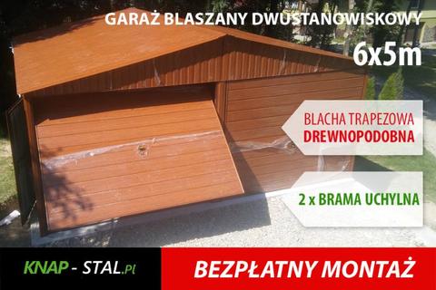 Garaż blaszany podwójny 6x5 drewnopodobny MOCNA KONSTRUKCJA z profili