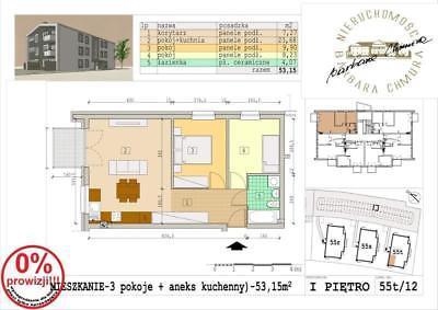 53,15 m, trzypokojowe, 1 piętro, T12
