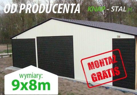 Garaż blaszany dwustanowiskowy w kolorze blachodachówka bramy uchylne