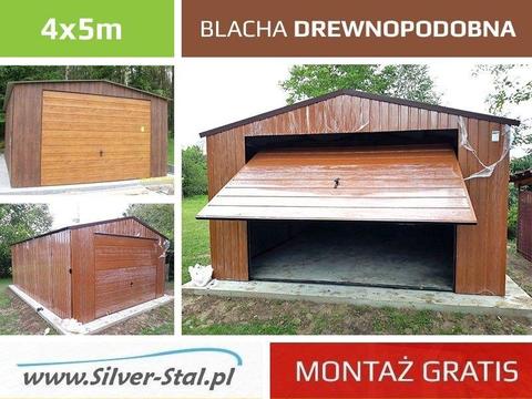 Garaż blaszany 4x5 drewnopodobny brama uchylna
