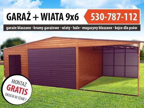 Garaż blaszany 6x6m drewnopodobny z wiatą z boku