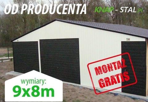 Garaż blaszany dwustanowiskowy w kolorze blachodachówka bramy uchylne