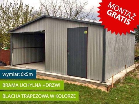 Garaż blaszany 6x5 z bramą uchylną dodatkowe drzwi