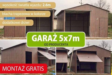 Garaż blaszany podwyższony blaszak 5x7 z bramą uchylną i drzwiami