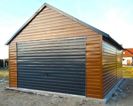 Garaż blaszany drewnopodobny poziomy trapez garaże 4,5x6m imitacja drewna
