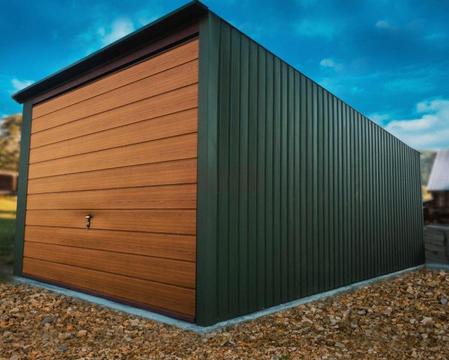 Garaż blaszany 3x5 Dąb malowany + Zielony mat | Garaże blaszane | Producent | Transtal.com
