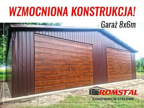 RomStal - Garaż Blaszany DREWNOPODOBNY 8x6m Ciemny Dąb - Wiata , Hala